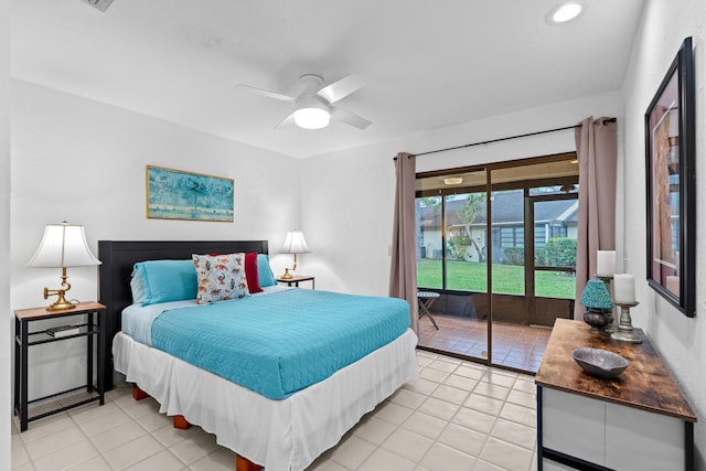 bedroom with ceiling fan, light tile patterned flooring, and access to outside