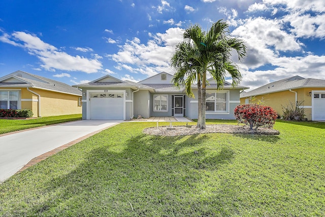 ranch-style home with a front yard and a garage