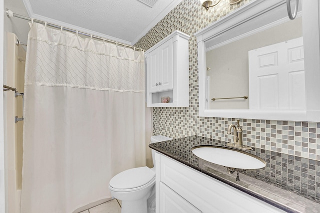 bathroom featuring vanity, toilet, ornamental molding, and backsplash