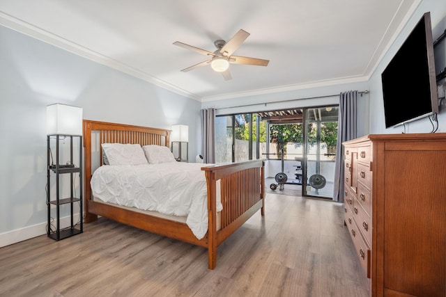 bedroom featuring access to exterior, ceiling fan, light wood-type flooring, and ornamental molding