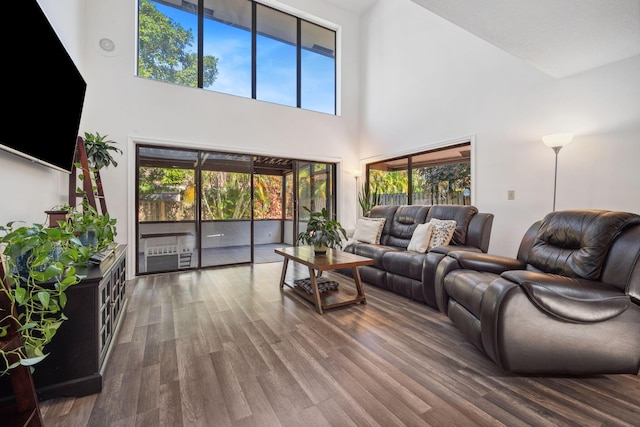 living room featuring a towering ceiling, wood-type flooring, and plenty of natural light