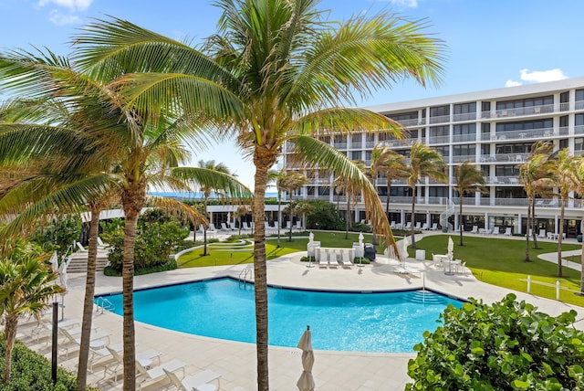 view of pool with a lawn and a patio area