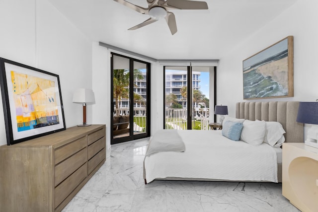 bedroom featuring access to outside, floor to ceiling windows, and ceiling fan