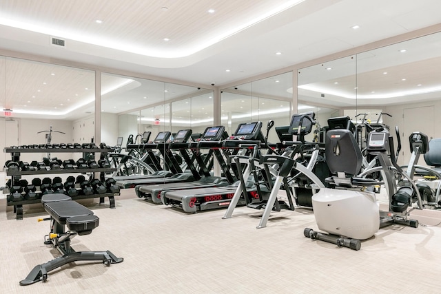 exercise room with carpet flooring and a tray ceiling