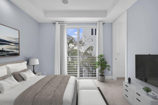 bedroom featuring a raised ceiling and light colored carpet