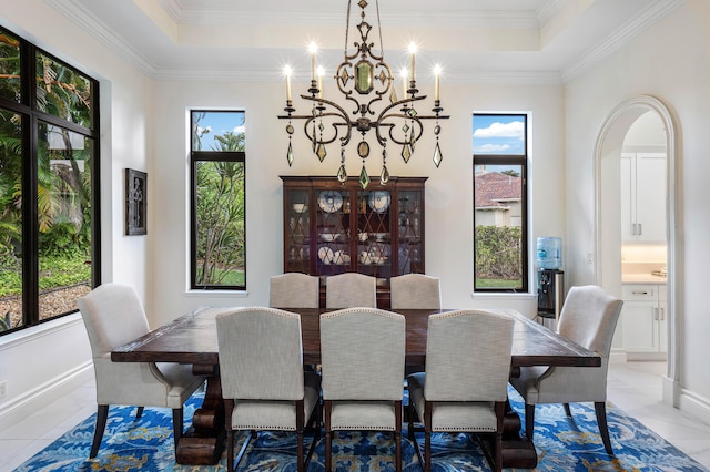 dining room featuring crown molding, a raised ceiling, and a wealth of natural light