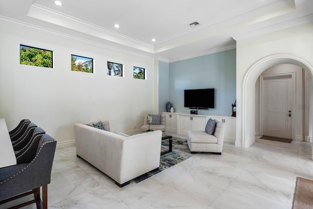 living room with ornamental molding and a raised ceiling