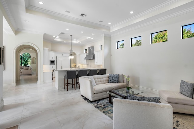 living room featuring crown molding, a tray ceiling, and a healthy amount of sunlight