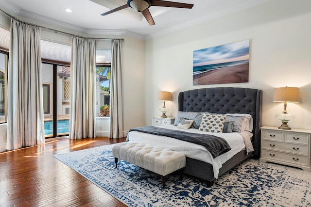 bedroom with ornamental molding, wood-type flooring, access to outside, and ceiling fan