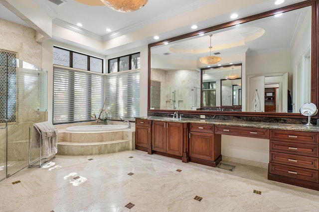 bathroom featuring vanity, ornamental molding, a raised ceiling, and separate shower and tub