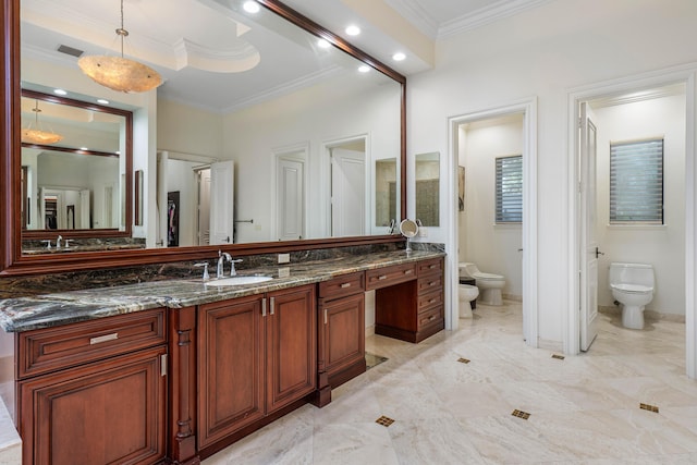 bathroom with a bidet, vanity, crown molding, and toilet