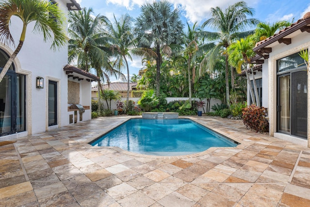 view of pool featuring exterior kitchen and a patio