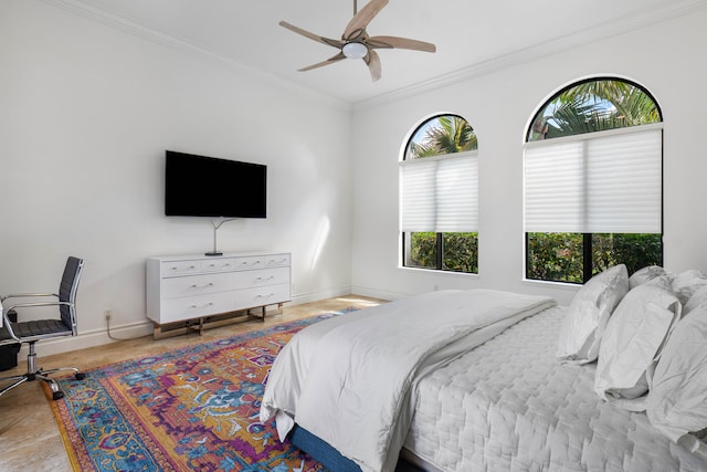 bedroom with crown molding and ceiling fan