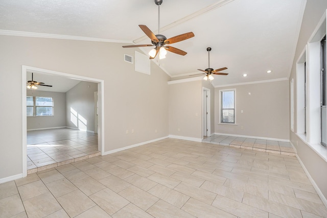 spare room featuring ceiling fan, light tile patterned flooring, lofted ceiling, and ornamental molding