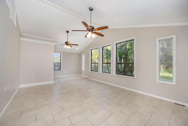 tiled empty room featuring ceiling fan, lofted ceiling, and ornamental molding