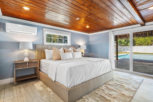 bedroom featuring wooden ceiling, an AC wall unit, access to exterior, ornamental molding, and light wood-type flooring