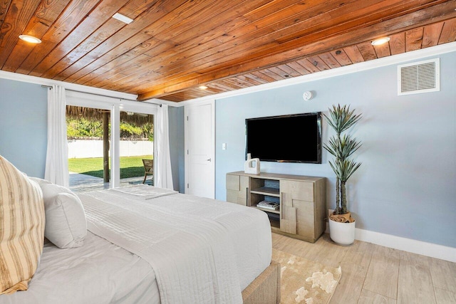 bedroom with access to exterior, light hardwood / wood-style flooring, and wood ceiling