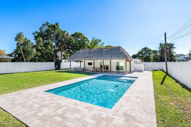 view of swimming pool featuring a gazebo, a lawn, and a patio