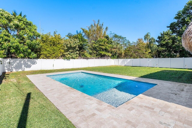 view of swimming pool with a yard and a patio