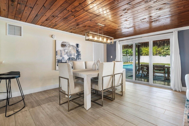 dining area with ornamental molding and wood ceiling