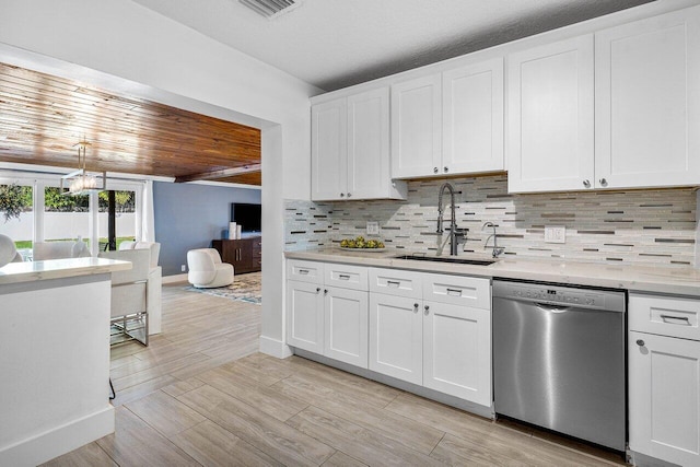 kitchen featuring decorative backsplash, stainless steel dishwasher, wood ceiling, sink, and white cabinets