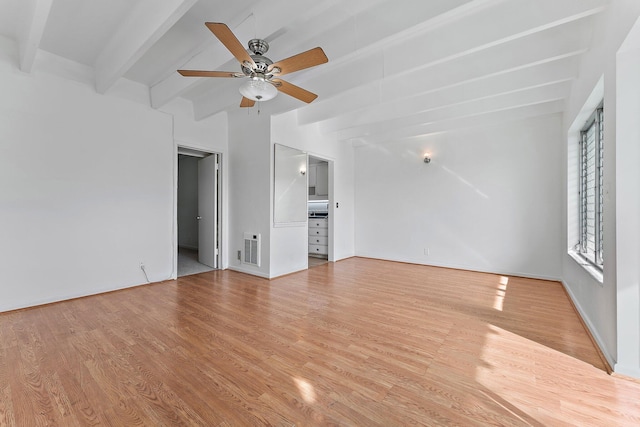 unfurnished living room with ceiling fan, beam ceiling, and light hardwood / wood-style flooring