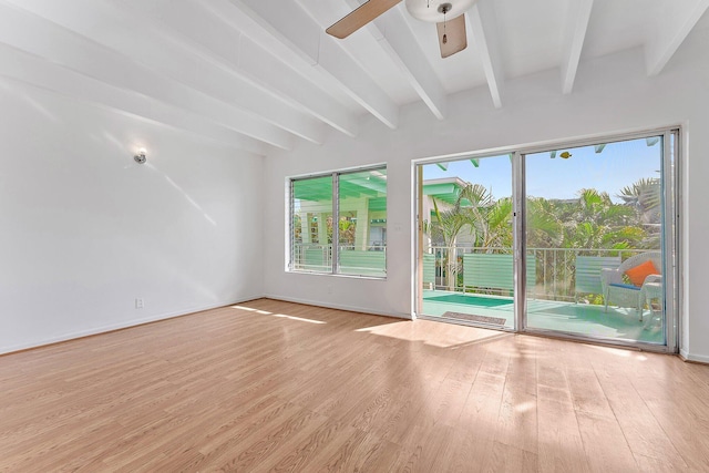 interior space with beam ceiling, ceiling fan, plenty of natural light, and light hardwood / wood-style flooring