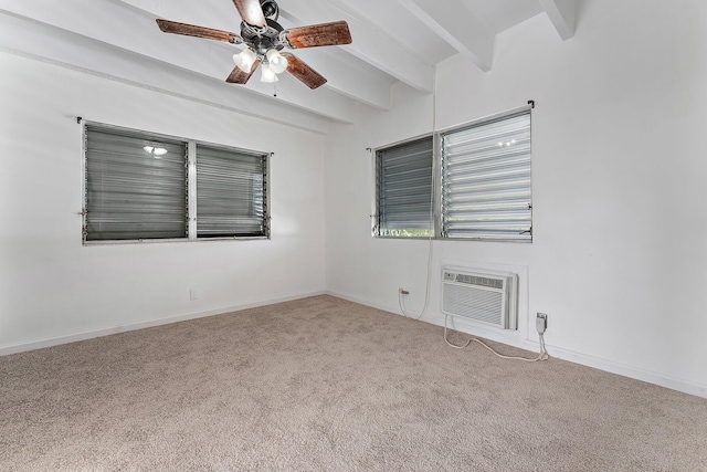 empty room with beamed ceiling, ceiling fan, light colored carpet, and a wall unit AC