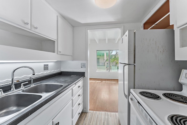 kitchen with beam ceiling, white cabinetry, sink, white range with electric stovetop, and light hardwood / wood-style floors