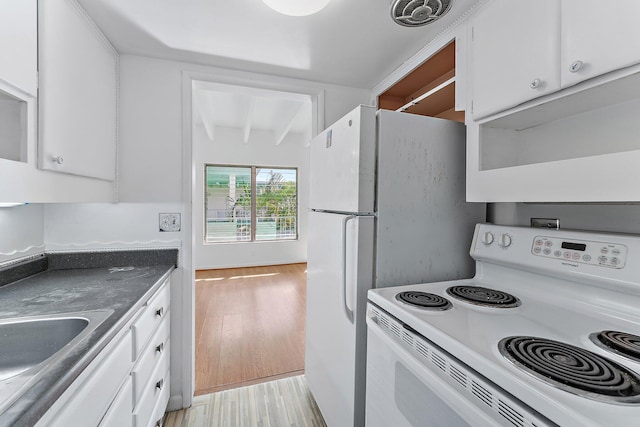 kitchen featuring beam ceiling, white range with electric cooktop, white cabinetry, and light hardwood / wood-style flooring