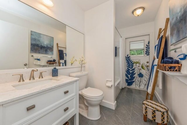 full bathroom featuring toilet, vanity, tile patterned flooring, and shower / tub combo