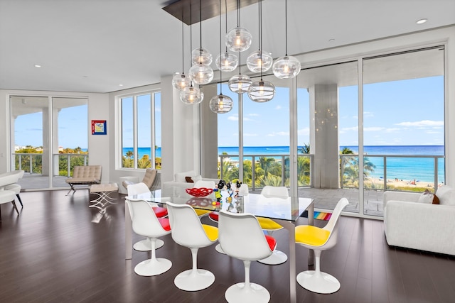 dining area featuring dark hardwood / wood-style floors, expansive windows, and a water view