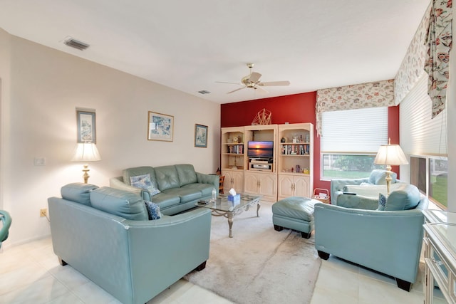 living room with ceiling fan