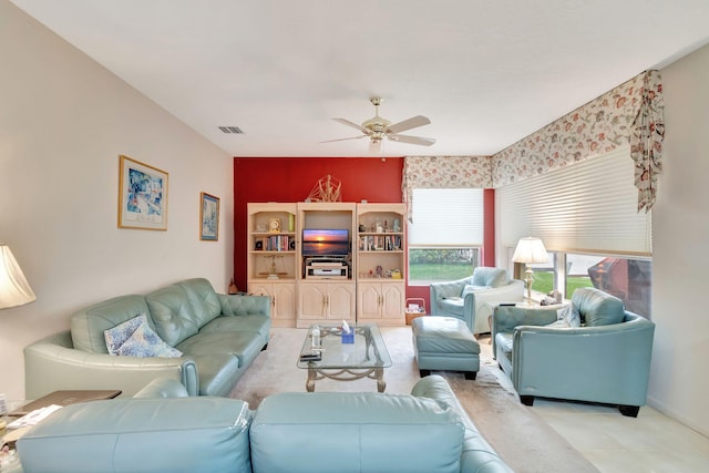 living room with ceiling fan