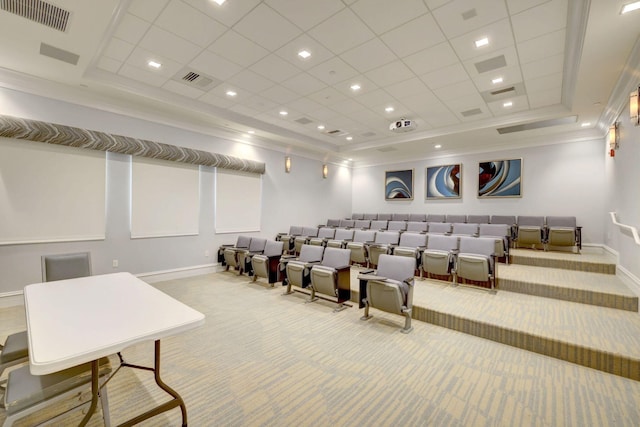 cinema with a raised ceiling, crown molding, and light colored carpet