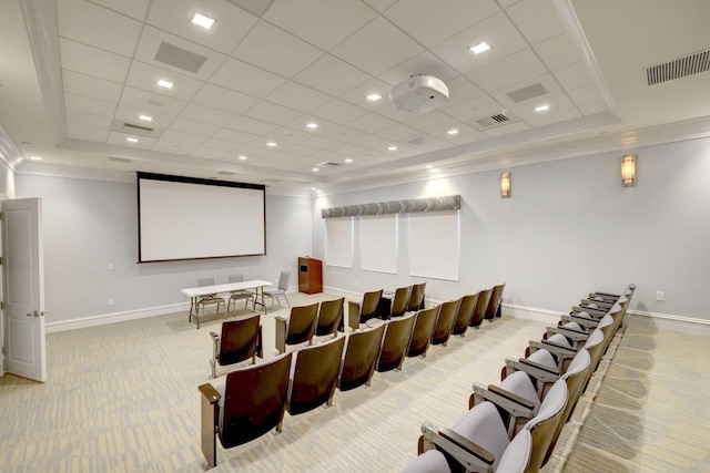 cinema featuring light carpet, ornamental molding, and a raised ceiling