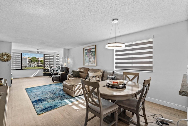 dining area featuring ceiling fan, light hardwood / wood-style flooring, and a textured ceiling