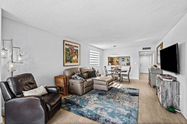 living room with a textured ceiling and light hardwood / wood-style flooring