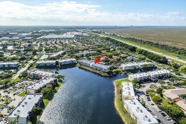 aerial view featuring a water view