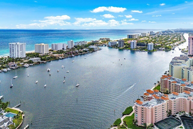 drone / aerial view featuring a water view