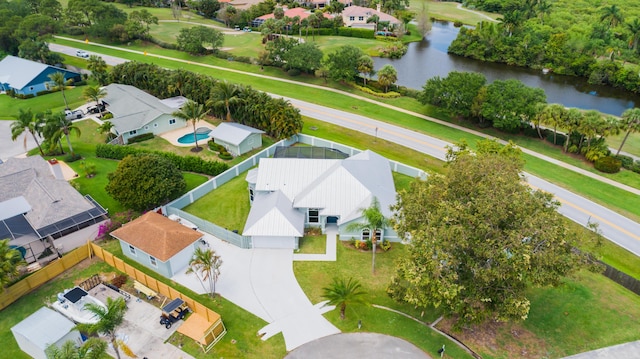 bird's eye view with a water view