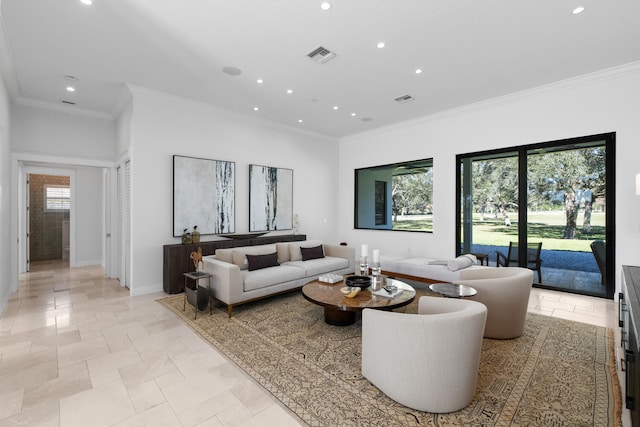 living room with a wealth of natural light and ornamental molding