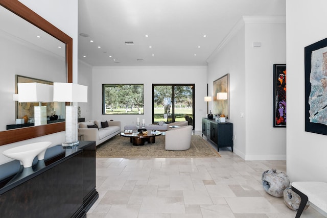 living room with ornamental molding