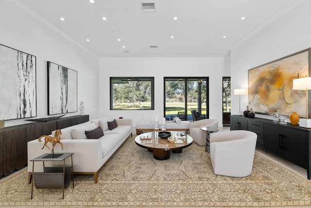 living room with crown molding