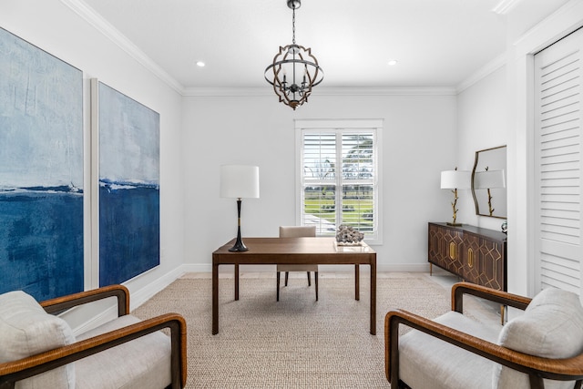 home office with a chandelier and ornamental molding