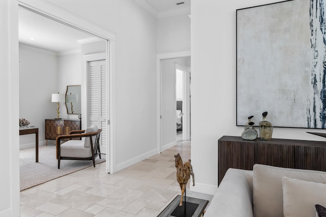 interior space with ornamental molding and radiator heating unit