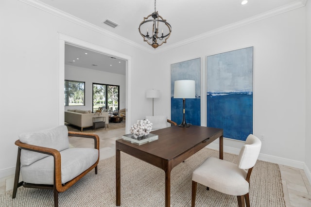 office space featuring crown molding and a notable chandelier