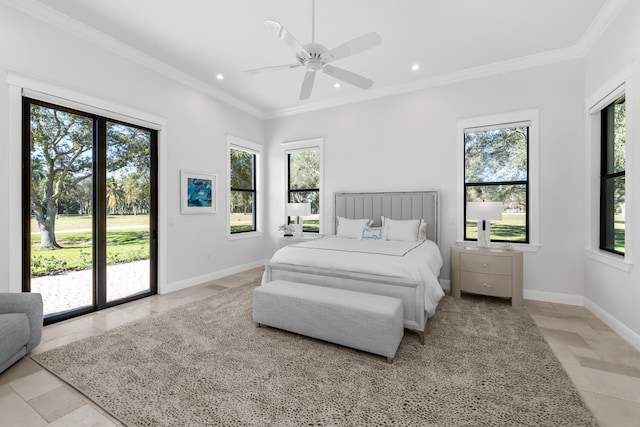 bedroom with ceiling fan, access to exterior, and ornamental molding