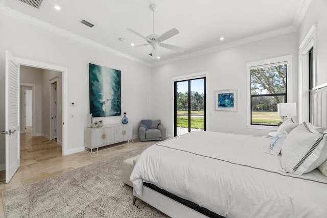 bedroom featuring ceiling fan, access to exterior, and crown molding