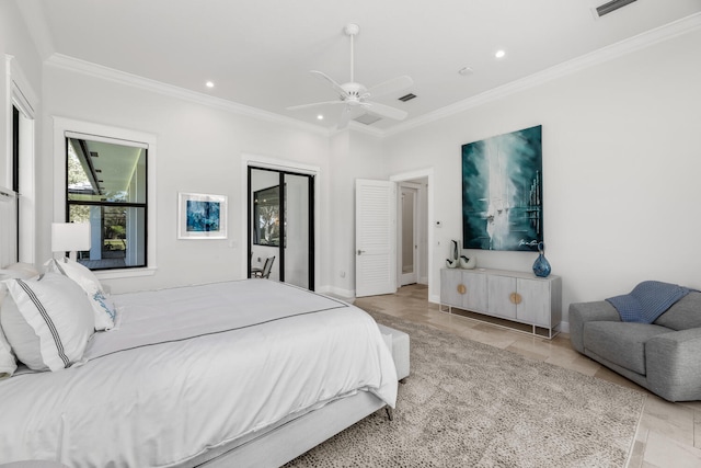 tiled bedroom featuring ceiling fan, a closet, and crown molding